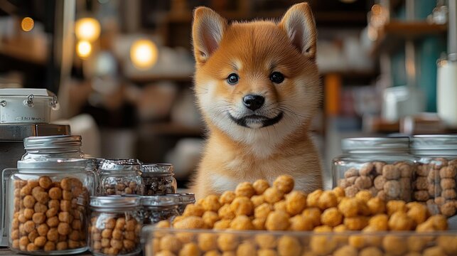 curious fluffy brown puppy sitting among glass jars and bowls of round treats on a wooden counter with warm cozy lights
