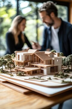 wooden architectural scale model of a modern multi-level house with trees and landscaping on a table, two blurred people in the background in a focused collaborative design review