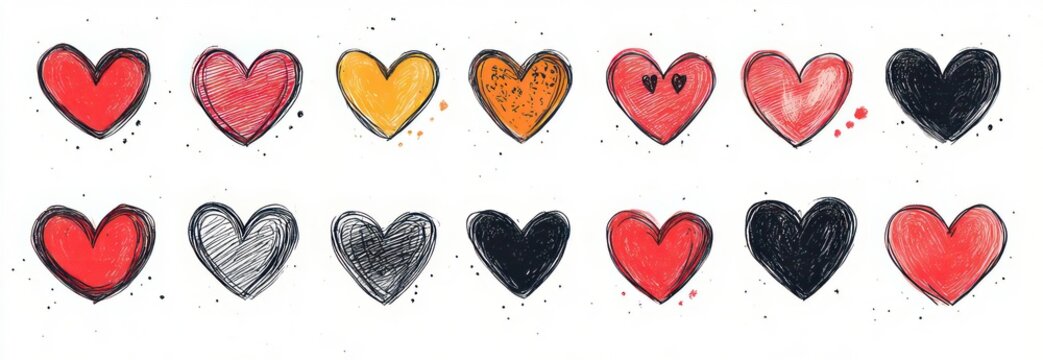 whimsical playful hand-drawn hearts in two rows with red black and orange scribbled ink, sketchy outlines and small ink splatters on a white background