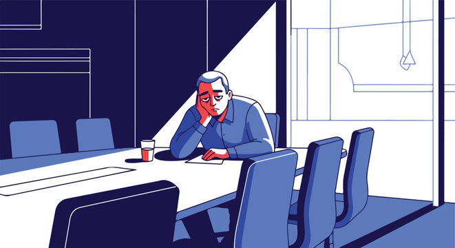 Bored man sitting alone at a conference table in an empty meeting room