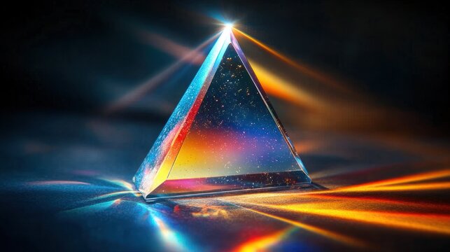 glass triangular prism refracting colorful light beams on dark surface, sparkling particles, vibrant and ethereal glow
