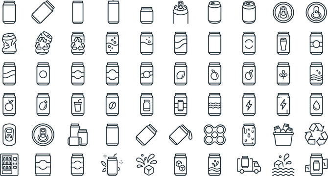Aluminum beverage cans and soda packaging line icons vector set featuring carbonated drinks recycling crushed metal containers and juice packaging symbols