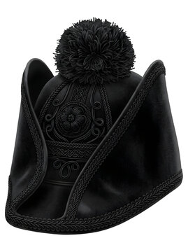 Black and white military shako cap with ornamental embroidery and a pompom