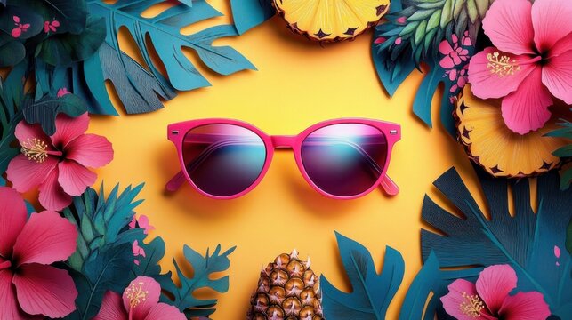 bright pink sunglasses surrounded by blue tropical leaves, pink hibiscus flowers and pineapples on a sunny yellow background, cheerful summer vibe