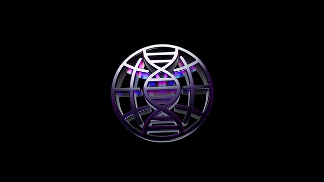 Metallic dna helix symbol inside a globe structure on black background 3D Icon