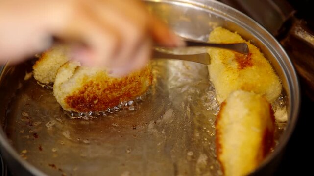 Frying Meat Cutlets In Boiling Oil. Preparation Of Crispy Golden Patties 