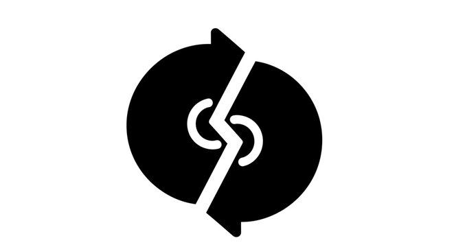 A black and white graphic icon showing two circular arrows split by a jagged line