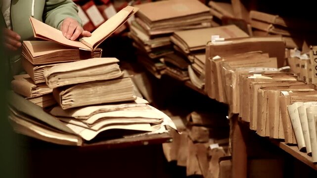 Archivist Flipping Pages Of Old Vintage Folders. Searching  Historic Documents