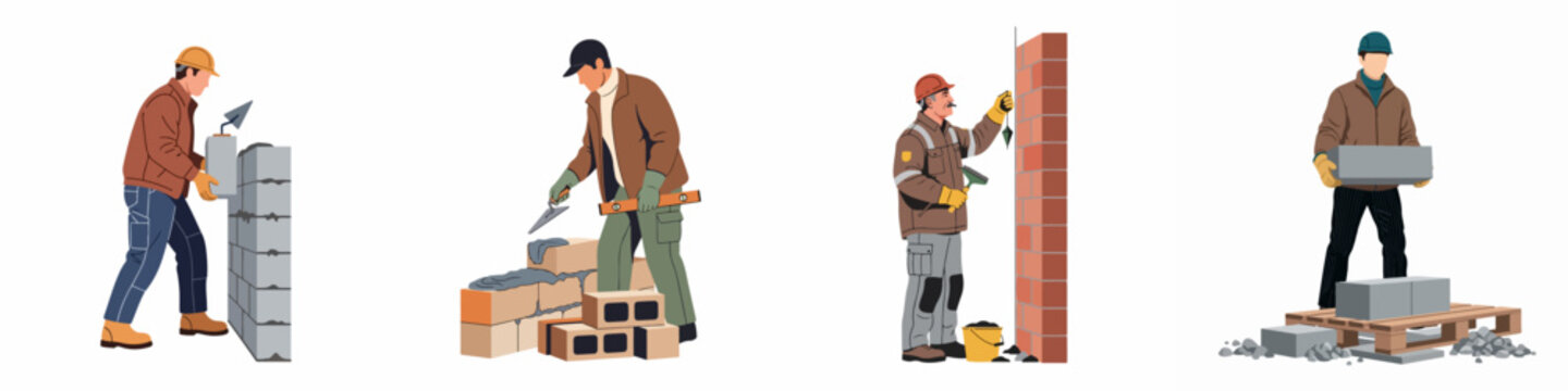 Set of flat illustrations showing construction workers, masons, and bricklayers building walls using tools like trowels, levels, and plumb bobs on white background.