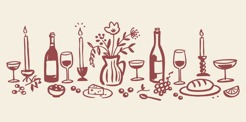Wine dinner table doodle set hand drawn vector illustration © Victoria
