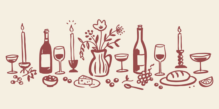 Wine dinner table doodle set hand drawn vector illustration