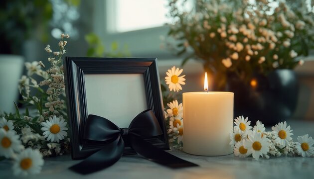 Quiet memorial scene with empty black photo frame tied with a black ribbon, a lit white pillar candle and scattered white daisies conveying somber peaceful remembrance