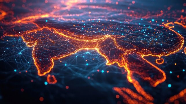 glowing digital network map of south and southeast asia with neon orange land outlines, blue connection nodes and a futuristic energetic atmosphere
