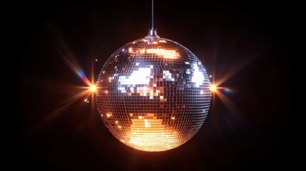 Obraz premium hanging mirrored disco ball casting warm golden and cool white reflections with starburst light flares against a dark background, evoking a festive glamorous dance floor mood