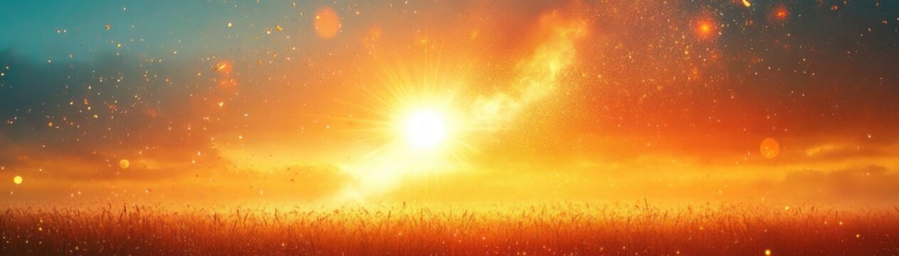 Radiant sunrise over a golden meadow with tall grass silhouettes, floating dust motes and a warm, serene, magical atmosphere