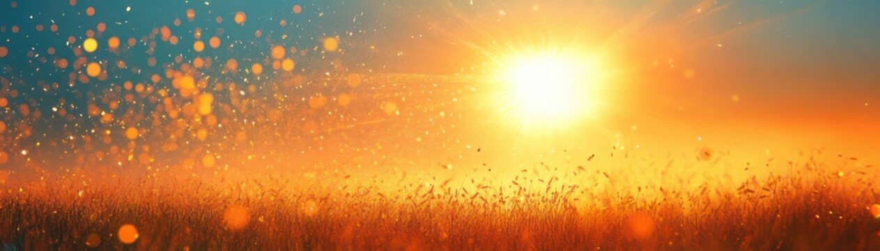 Warm golden sunrise over a field of tall grasses with sparkling light orbs and a glowing sky, evoking a serene, peaceful and uplifting natural mood