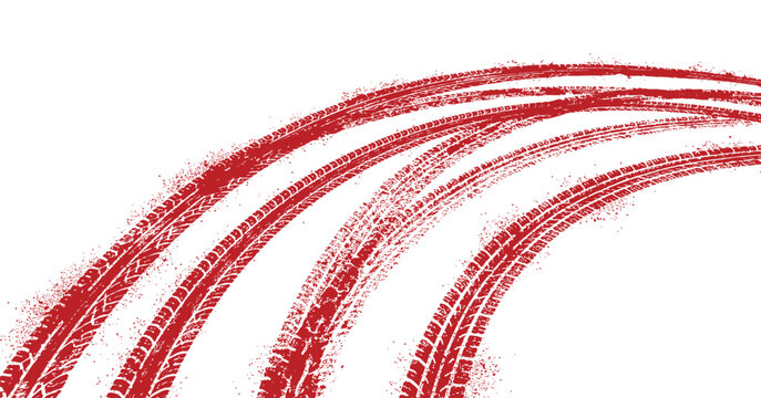 Tire Tracks On A Transparent Surface Red Rubber Impressions And Curves