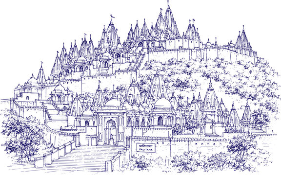 Palitana Temples Hand Drawn Line Art Sketch, Jain Temple Complex Architecture, Architectural Illustration, Detailed Pen Ink Drawing, Sacred Heritage Landmark, Vintage Engraving Style