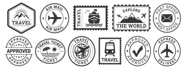 Obraz premium Collection Of Travel themed Stamps With Illustrations Of Planes And Ships Vector Style