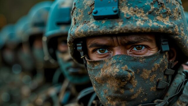 A group of soldiers are lined up and wearing helmets. The man in the middle of the line is looking at the camera