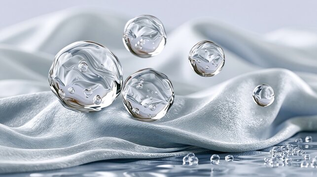 abstract background of floating transparent hydro essence spheres, crystal water pearls suspended in the air, silky liquid waves, soft refraction, microscopic hydration particles