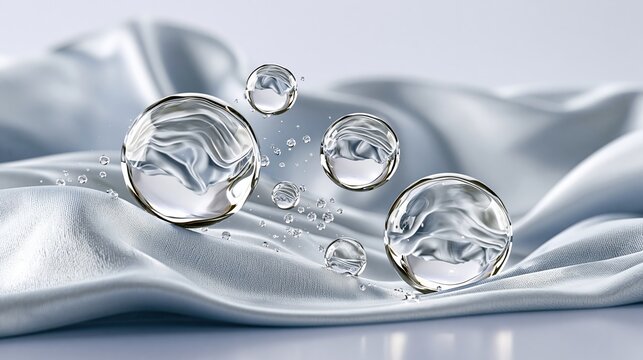 abstract background of floating transparent hydro essence spheres, crystal water pearls suspended in the air, silky liquid waves, soft refraction, microscopic hydration particles