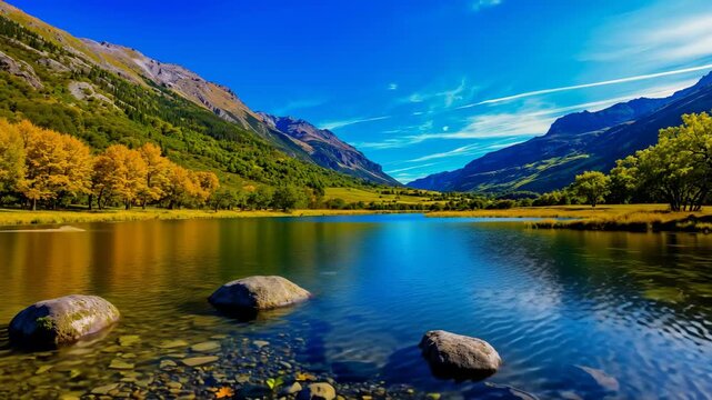 A beautiful mountain landscape with a river flowing through it. The water is calm and clear, and the sky is blue with some clouds. The scene is peaceful and serene
