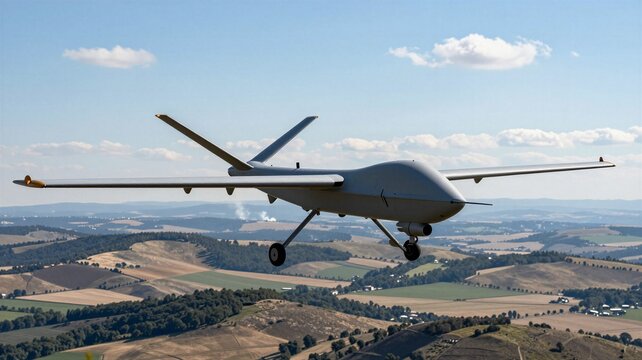 Fixed Wing Recon Drone Soaring High Over Hills at Noon