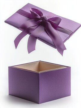 Open purple gift box with satin ribbon bow and lifted lid above empty beige-lined interior on white background conveying surprise and celebration