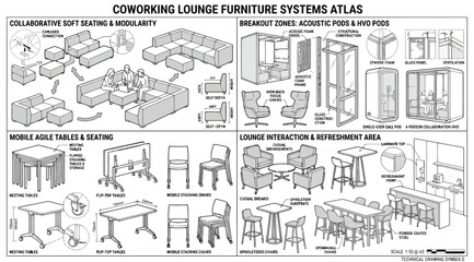 Obraz premium Coworking lounge furniture systems atlas showing modular seating, acoustic pods, and tables