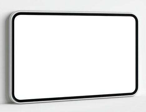 calm minimalist wall-mounted rounded rectangular white display panel with thin black border and soft shadow on white background