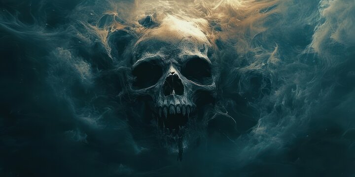 Haunting human skull emerging from swirling teal smoke and fog with hollow eye sockets and bared teeth in an ominous, eerie storm of shadow and mist