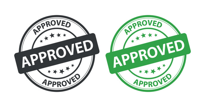 Approved stamp seals in black and green vector illustration with circular frames