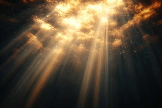 golden sunbeams piercing dark clouds with floating dust particles, creating a dramatic, awe-inspiring and serene glow