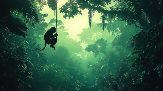 silhouette of a monkey hanging from a vine above a misty green tropical jungle canopy, lush foliage and dappled light evoking serene, mysterious solitude