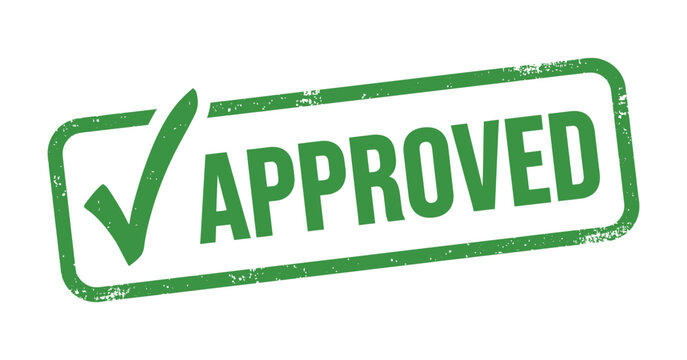 Approved stamp with checkmark rectangular green vector illustration on transparent approval