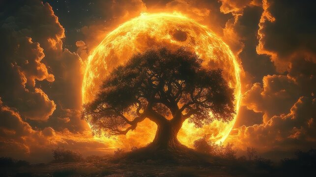 Solitary silhouetted tree on a small hill backlit by a gigantic fiery glowing sunlike orb with dramatic orange clouds and a luminous halo evoking awe and mystical wonder