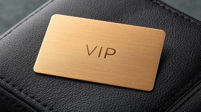 Luxury brushed gold blank vip membership card placed on textured black leather background representing premium exclusive service and elite privilege membership