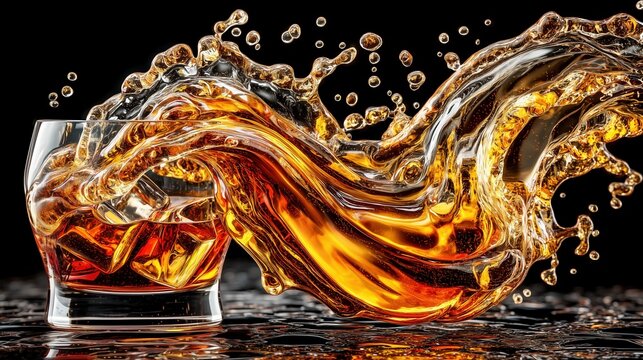 Luxury commercial beverage photography, dynamic flowing stream of premium amber whisky sweeping across the frame like liquid silk, crystal-clear liquid