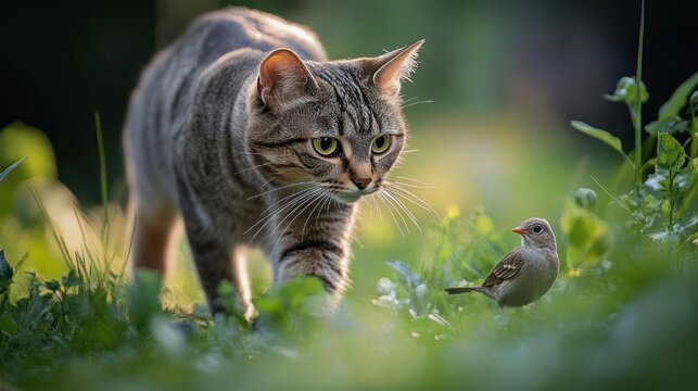 tabby cat quietly stalking a small songbird in sunlit green grass, tense and alert hunting moment