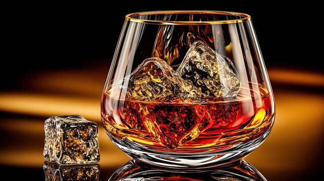 Luxury beverage commercial photography, premium crystal whisky glass and ice cubes