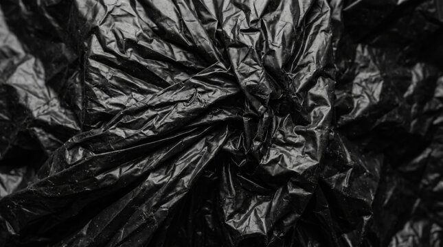 Close up texture of crumpled black plastic bag surface. Abstract dark background with shiny wrinkles and folds. Environmental pollution