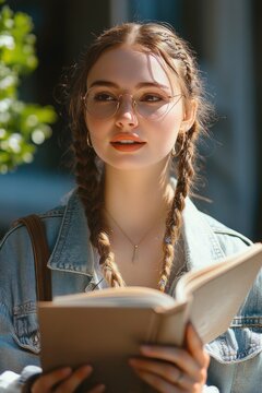 Young woman with braided hair in a denim jacket reading an open book outdoors, calm and focused in warm sunlight