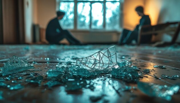 shattered glass on wooden floor with two distant seated silhouettes by a window, moody and tense atmosphere
