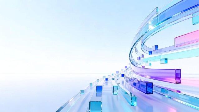 Modern futuristic 3d abstract composition with curved flowing arrangement of transparent colored glass rectangles in blue purple and pink on clean light background