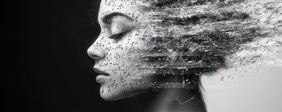 black and white portrait of a woman's side profile with closed eyes and serene expression, hair dissolving into particles and a flock of birds, evoking peaceful introspection and dreamlike calm