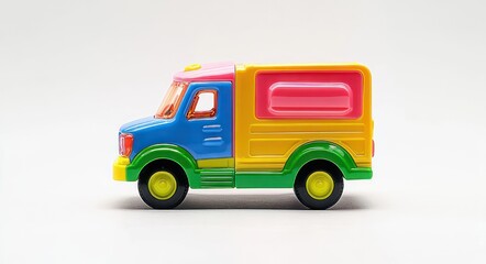 Fototapeta premium colorful plastic toy delivery van in bright primary colors on white background, side view with a playful cheerful mood
