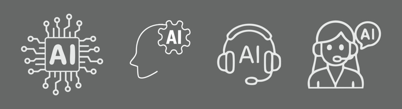 AI Assistant Icons Vector Set with Artificial Intelligence Chip Head Headset and Customer Support Symbols Isolated on Transparent Background