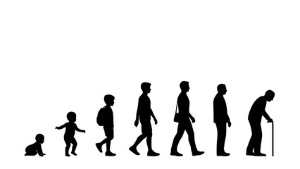 Obraz premium Human Silhouette Stages of Life From Baby to Elderly Person with Cane Featuring Toddler, Child, Teenager with Adult and Aging
