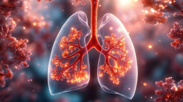 glowing inflamed human lungs with branching bronchi and trachea surrounded by virus-like particles, urgent and alarming medical visualization